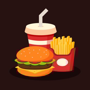 Set menu of fast food products. Hamburger, french fries, and soft drink. Junk food or unhealthy meal. Group of restaurant lunch menu concept. Cute cartoon dish icons. Vector cuisine illustration.