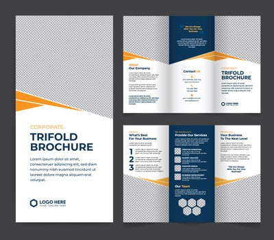 Corporate trifold brochure template. Modern, Creative, and Professional tri-fold brochure vector design. Simple and minimalist layout with blue and yellow colors. Corporate Business Trifold Brochure.