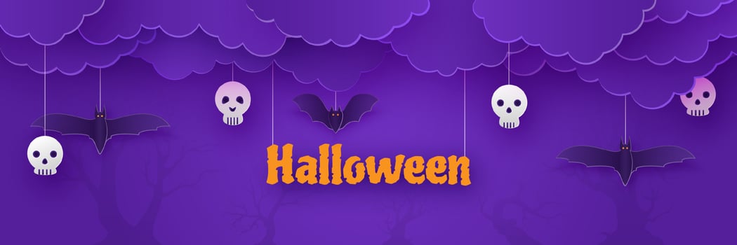 Happy Halloween, clouds with full moon night scene, greeting card paper cut style, invitation poster vector purple background illustration