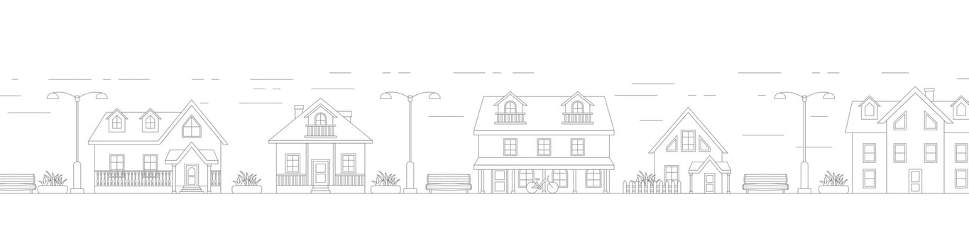 Village neighborhood line art vector. Residential buildings on suburban streets vector