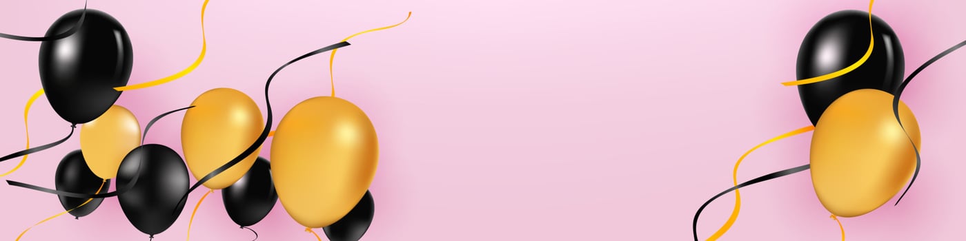Black and yellow transparent helium balloons on white background. Flying latex ballons. Vector illustration.