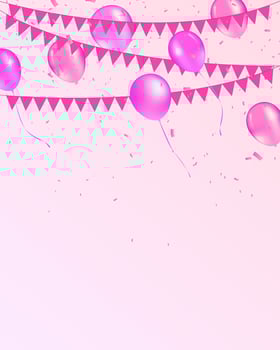 Celebration cute pink background with balloons, flag garland and foil confetti. Vector illustration. Carnival lettering. Place for your text. Design for invitation, poster, card, banner, flyer