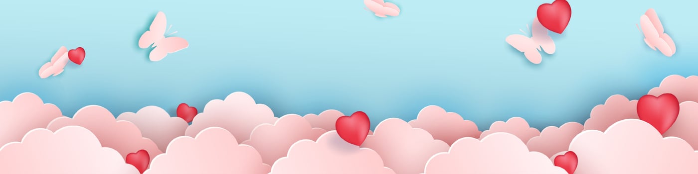 Papercut design, Vector paper clouds with butterflies. Pink cloud, red hearts, blue background