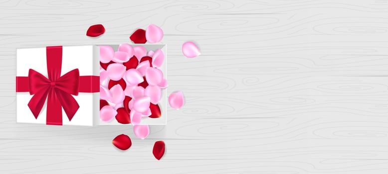 Valentine's Day sale background. Top view on composition with gift box and rose petals, vector illustration.