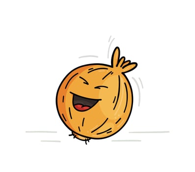 Vector illustration of a fun bow. Golden onion laughing against a white background. Bright, black outline. Detailed
