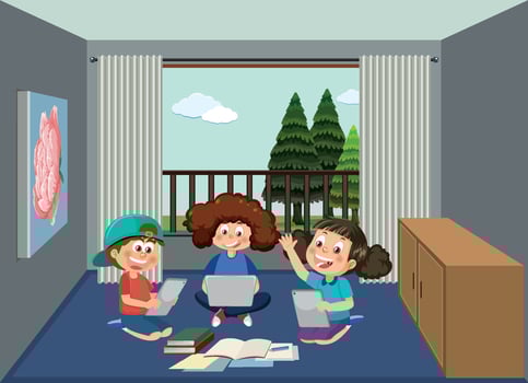 Kids learning online at home vector