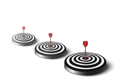 Three red dart hit to center of dartboard on the floor. Arrow on bullseye in target. Business success, investment goal, opportunity challenge, aim strategy, achievement project concept. 3d vector