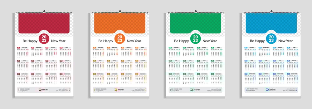 2023 wall calendar design template with red, green, blue and orange vector