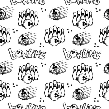 A seamless pattern of hand-drawn elements with a bowling theme. Bowling ball, pins. Handwritten inscription. Winning. Ball smashes pins. Skittles. Sport. The game. Hit, win vector
