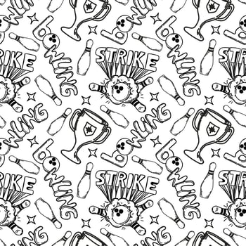 A seamless pattern of hand-drawn elements with a bowling theme. Cup. Winning. Ball smashes pins. Pins. Hand-drawn bowling and strike inscriptions. Pins. Sport. The game. Hit, win vector