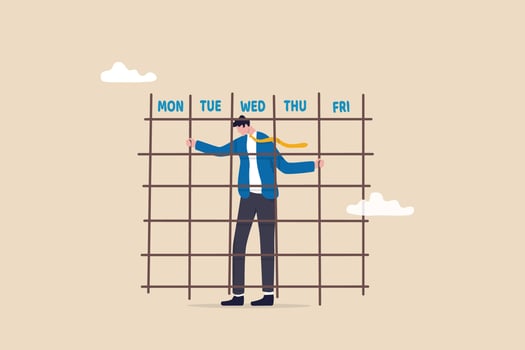 Working routine in office 9 to 5 job, exhaustion or fatigue from career burnout, anxiety or work boredom,  concept, desperate hopeless businessman inside office Monday to Friday prison calendar. vector