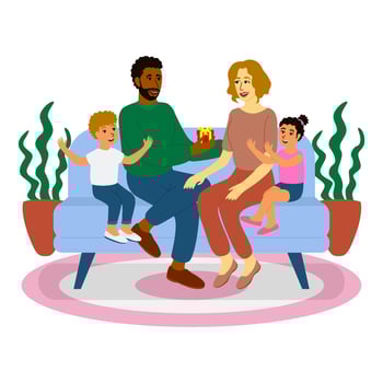 multiracial family in a happy and loving atmosphere. husband who gives gifts to his wife and happy children vector