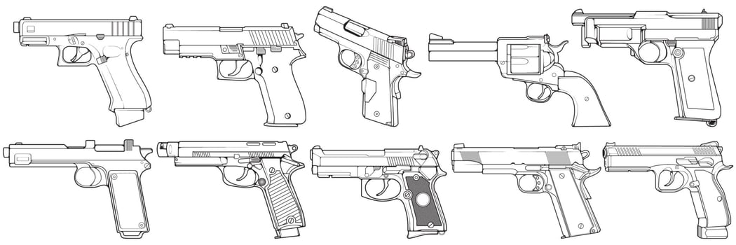 Set of graphic black and white detailed handgun pistol. Isolated on white background. Vector set.