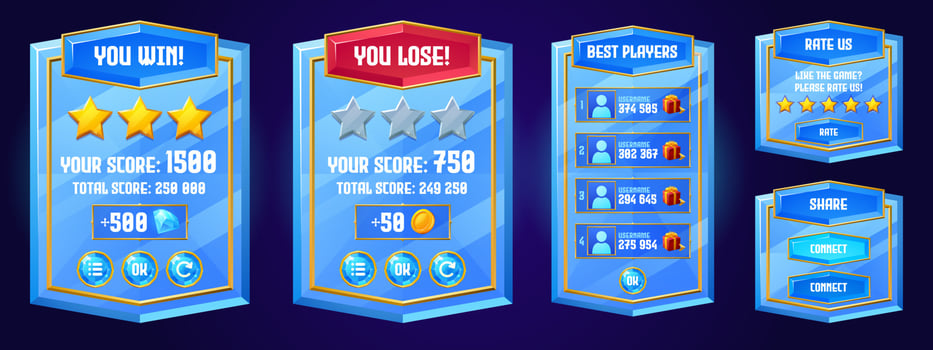 Game boards with win and lose banner, best players vector