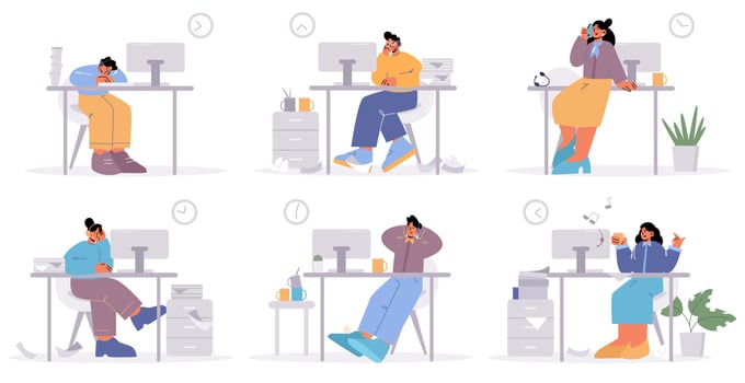 Lazy office workers procrastination, postpone work vector