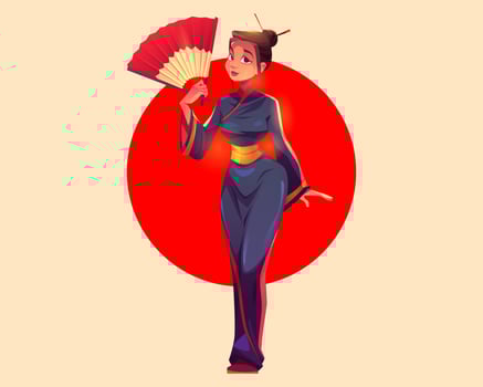 Asian woman in traditional kimono with fan in hand vector