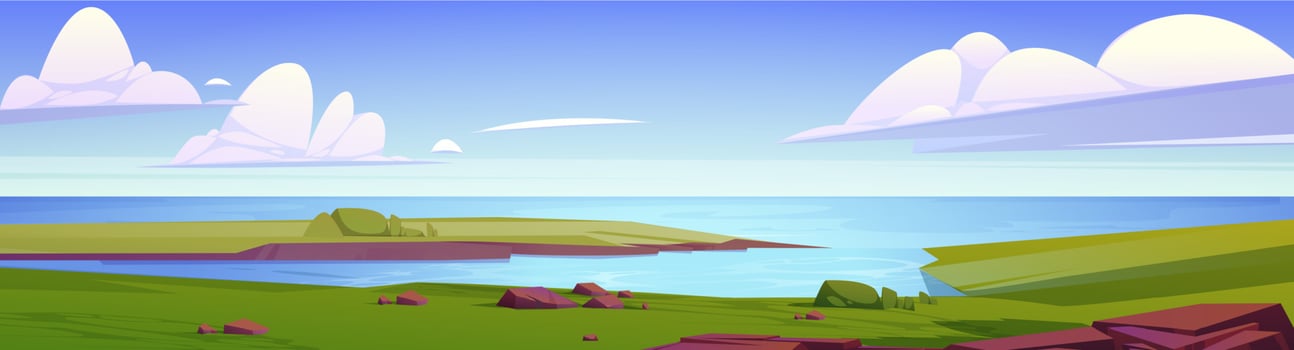 Summer landscape with lake, fields and rocks vector