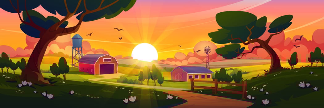 Summer countryside with farm barn, windmill vector
