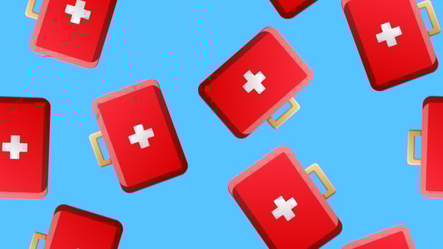 Endless seamless pattern of medical scientific medical items of first aid pharmacies on a blue background. Vector illustration