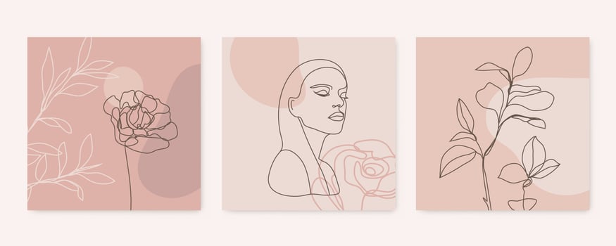 Vector beauty backgrounds, social media stories, posts feed layouts. Set of illustrations with one line continuous woman face and leaves, flowers. Contemporary collage with spots, square shape.