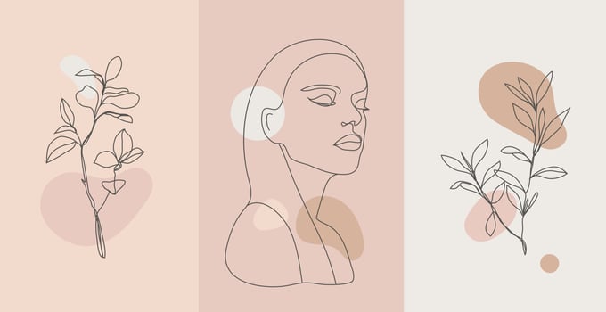 Vector beauty backgrounds, social media stories, posts feed layouts. Set of illustrations with one line continuous woman face and leaves, flowers. Contemporary collage with spots, square shape.