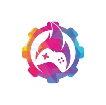 Gaming fire gear shape concept logo icon designs vector. game pad with a fire for gaming logo vector