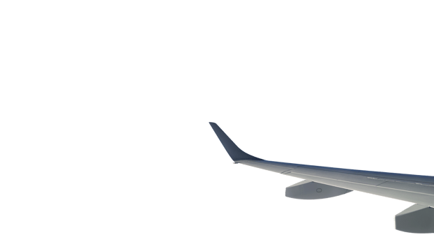 Wing of a flying plane, transparent isolated background. PNG. png