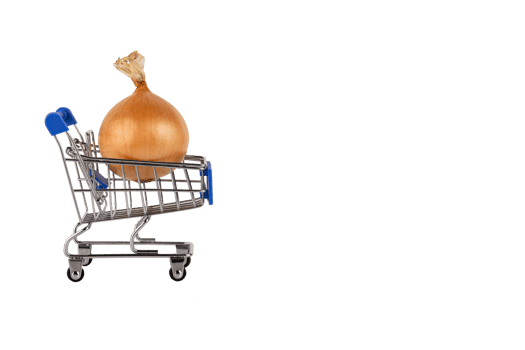 One large yellow onion in a husk in a shopping cart, PNG, transparent background. png