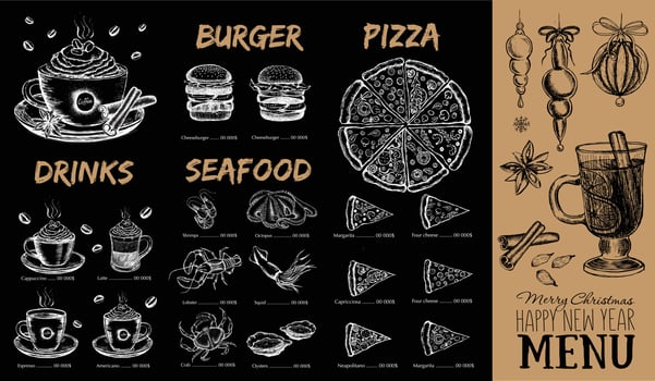 Christmas menu cafe. Food flyer. vector