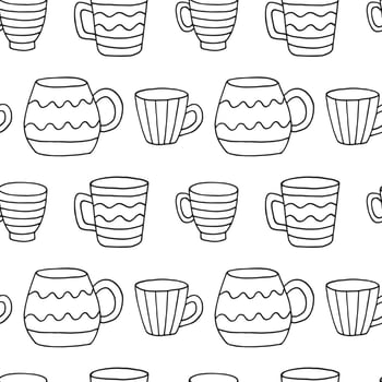 Seamless pattern with cup mug. Cup in doodle style. Hand drawn vector illustration.