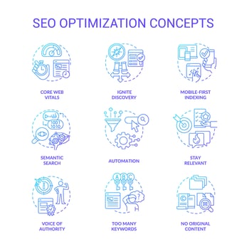 SEO optimization blue gradient concept icons set. Internet marketing. Website promotion idea thin line color illustrations. Isolated symbols. vector