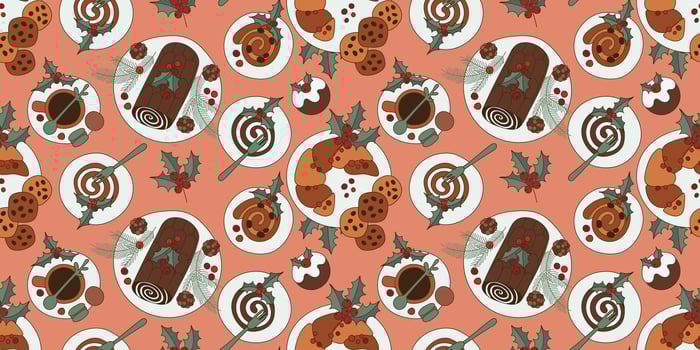 Christmas holiday table with desserts and sweets pink seamless pattern. Trendy retro style. Vector design template.