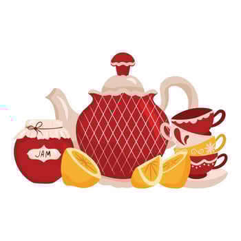 Tea party collection. Porcelain teapot, cups, berry jam and lemon. vector
