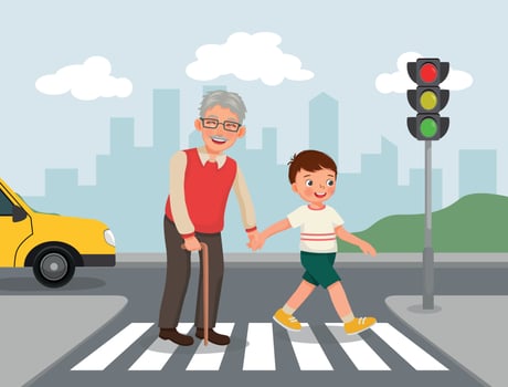 Cute little boy help elderly grandfather crossing street at the pedestrian traffic vector