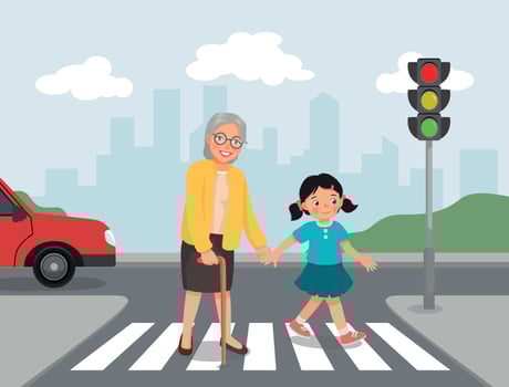 Cute little girl help elderly grandmother crossing street at the pedestrian traffic vector