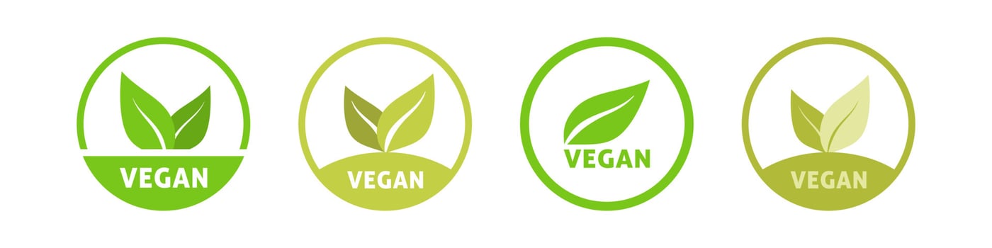 Vegan natural product green icon. Round organic logo with eco leaves. Bio nutrition and lifestyle emblem with clean vector products sign