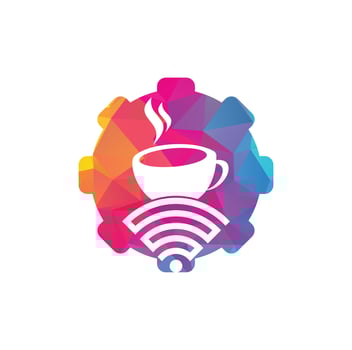 Coffee WiFi gear shape concept logo design. Coffee cup with WiFi vector icon logo