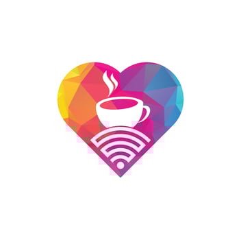Coffee WiFi heart shape concept logo design. Coffee cup with WiFi vector icon logo