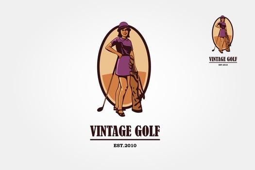 Vintage Golf Vector Logo Template. Young woman playing golf. Vector flat design illustration in the circle isolated on background.