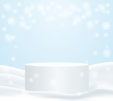Winter season product display. Design with podium and white snowflakes on snow background. vector. vector