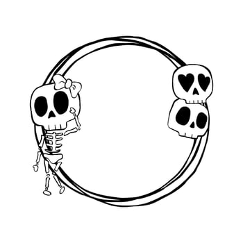 Black simple line Skeleton and Skull on triple circle frame. Vector illustration about Halloween for decorate logo, greeting cards and any design.