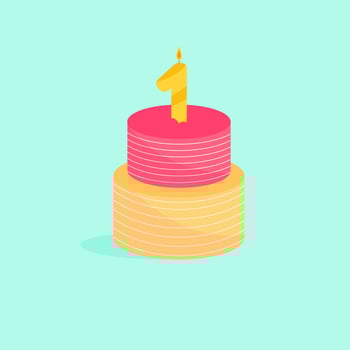 Holiday bright cake with a candle of age one. Vector illustration