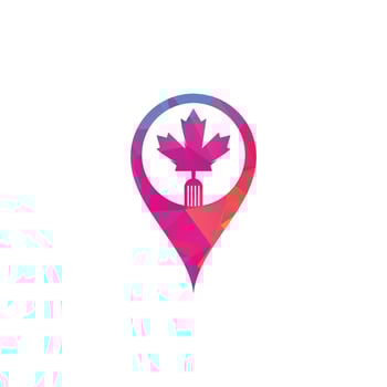 Canadian food map pin shape concept logo concept design. Canadian food restaurant logo concept. Maple leaf and fork icon vector