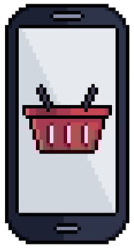 Pixel art mobile phone with shopping basket icon, cellphone vector icon for 8bit game on white background