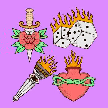Collection set colorful vintage Doodle Illustration cartoon sketch for tattoo, stickers, etc vector