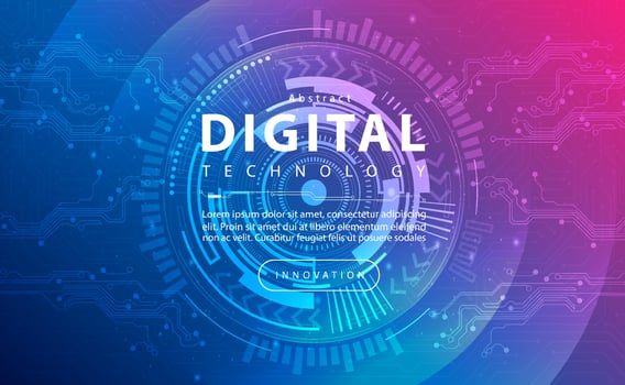 Digital technology banner blue pink background concept, technology light purple effect, abstract tech, innovation future data, internet network, Ai big data, lines dots connection, illustration vector