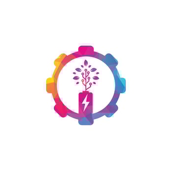 Battery leaves gear shape concept vector logo design. Battery and leaf icon natural energy symbol design element logo template