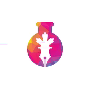 Pen and red maple leaf lab shape concept logo vector. Education Logo vector