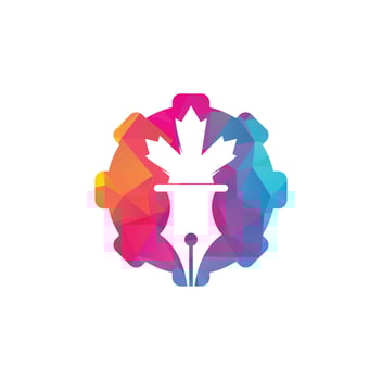 Pen and red maple leaf gear shape concept logo vector. Education Logo vector