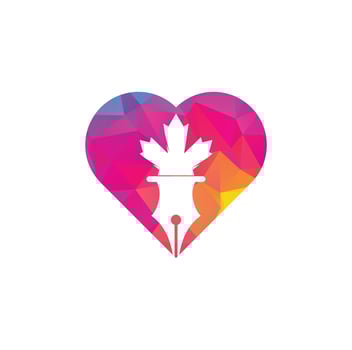 Pen and red maple leaf heart shape concept logo vector. Education Logo vector